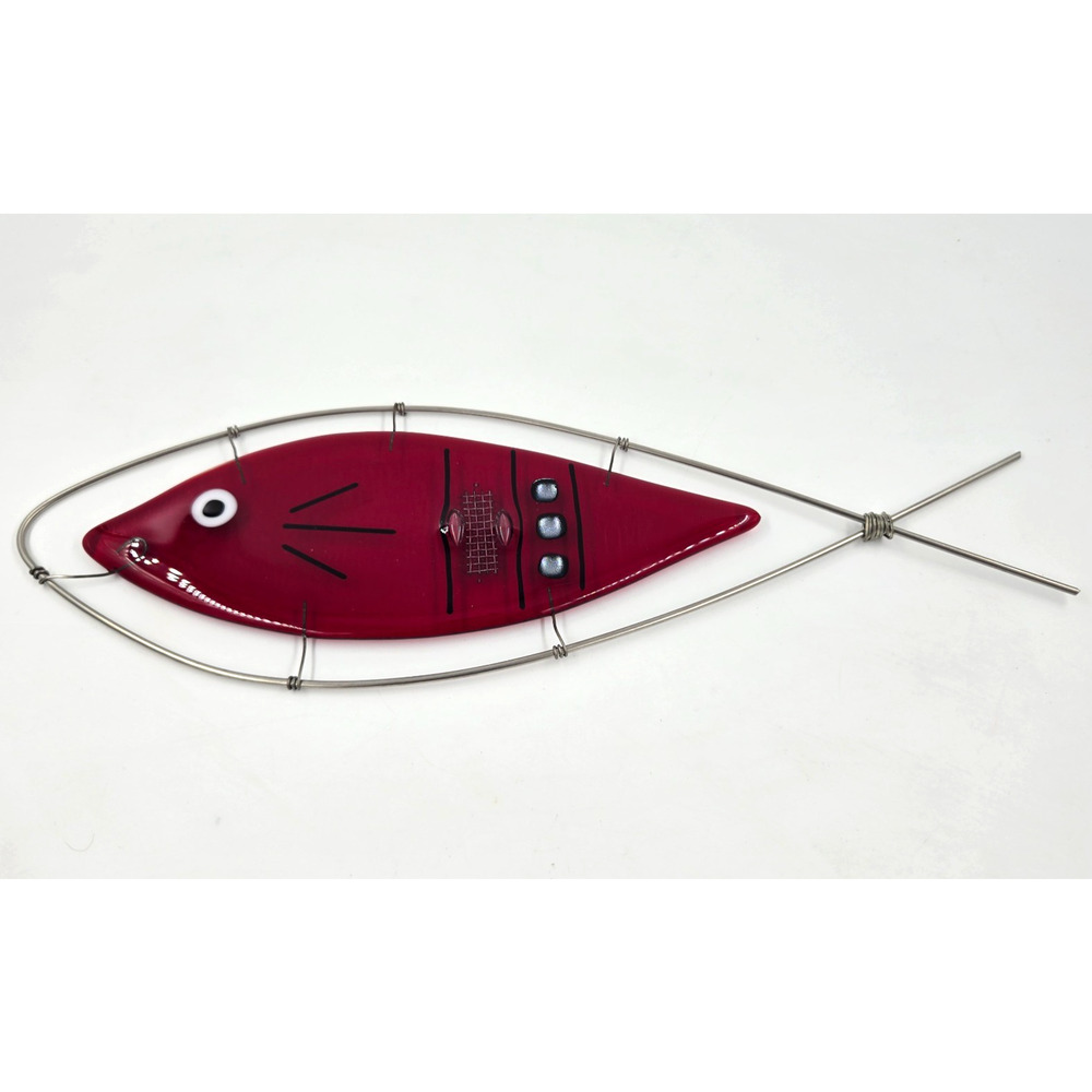 Vintage MCM Mixed Metal Blown Glass Wall Art Brutalist RED FISH 17"